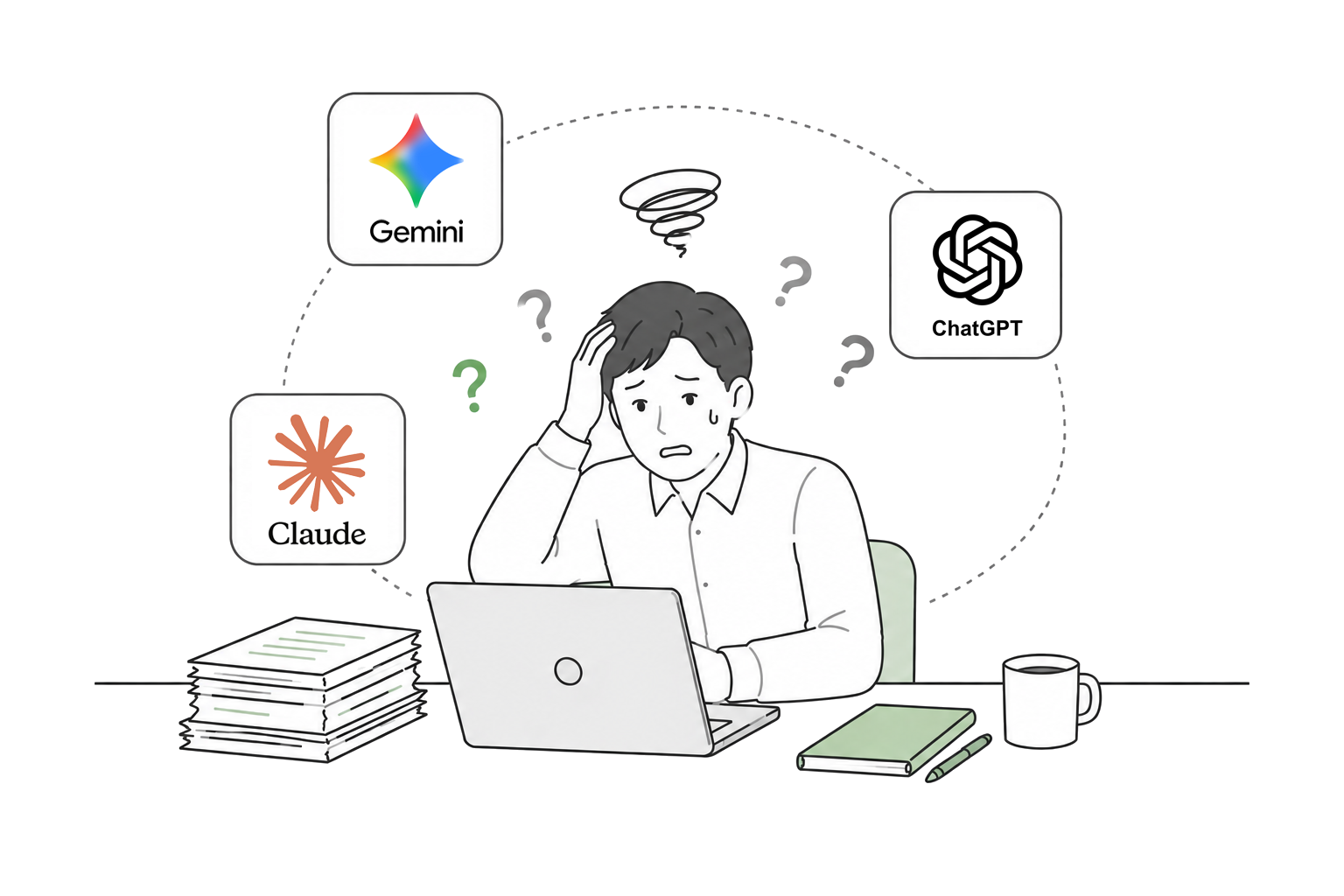 AIツールの多さに困惑するビジネスパーソンのイラスト